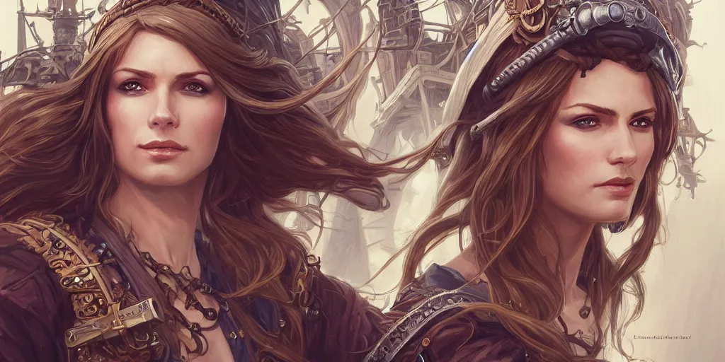 Image similar to 3 / 4 headshot of female airship pirate, d & d, handsome, fantasy, intricate, long hair, airship, steampunk, blond hair, elegant, highly detailed, digital painting, artstation, concept art, smooth, sharp focus, illustration, art by artgerm and greg rutkowski and alphonse mucha