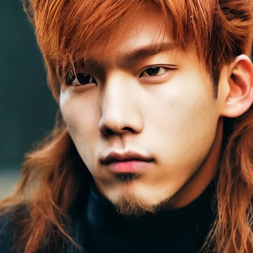 Image similar to a beautiful picture of a jong red blond man wiht a sharp face and brown eyes, long hair, pointy nose