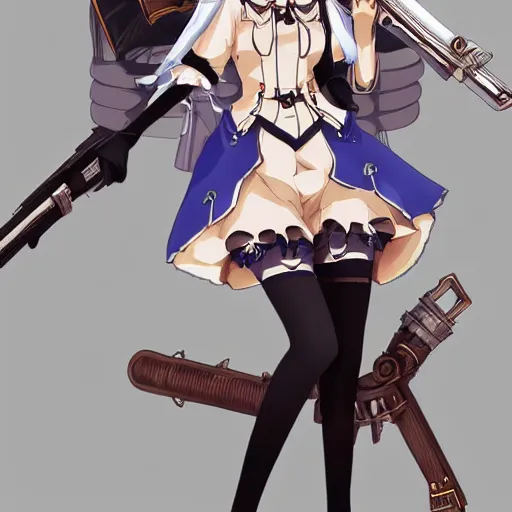 Prompt: rem from rezero with steampunk weapons and uniform, finely detailed, made by artgem, full body portrait, illustration, anime