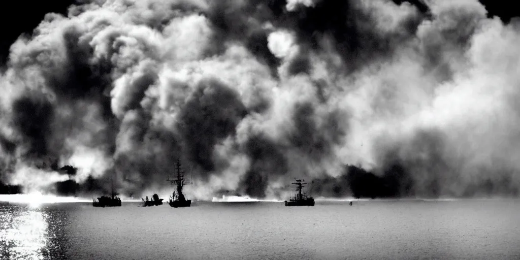 Image similar to steampunk naval battle, shots fired, clouds of smoke, wide shot, 120 black and white film