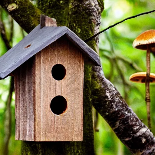 Prompt: wooden birdhouse in a tree in the rain forest, mushrooms and leaves on the birdhouse, backlit, realistic, beautiful lighting