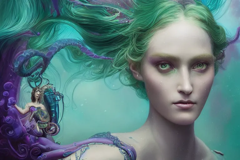 Image similar to tom bagshaw, ultra realist portrait waves miniatures underwater curiosities squids carnival, a single very beautiful enchantress long hairs in full underwater mermaid armor, symmetry accurate features, focus, very intricate ultrafine details, green purple aqua volumetric lights, award winning masterpiece, octane render 8 k hd