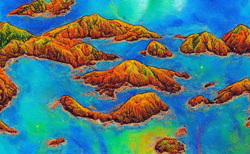 Image similar to golden bay abel tasman new zealand in the style of psychedelic oil painting, digital art, high quality, highly detailed, high coherence,, concept art, marterpiece