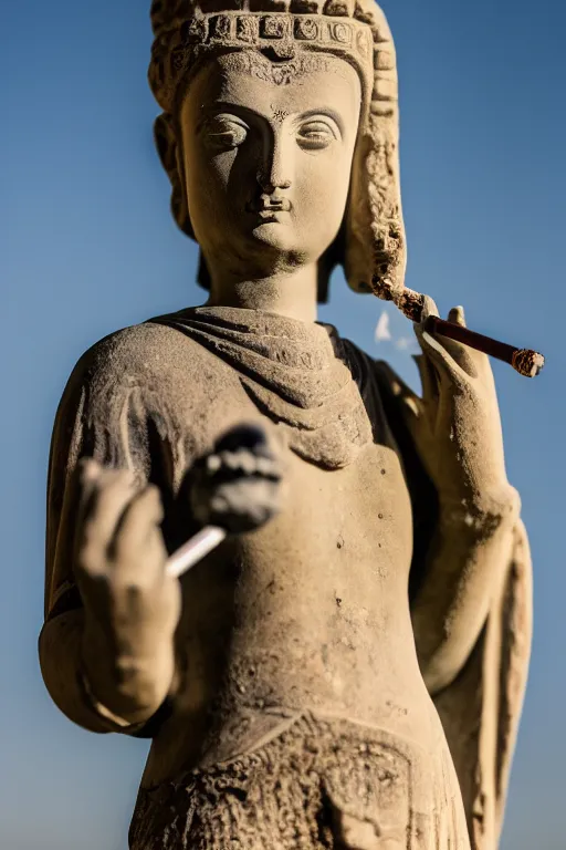 Image similar to photo of the ancient statue smoking an ancient hookah, symmetrical, cinematic, real dlsr photography, sharp focus, 4 k, ultra hd, sense of awe, archeology journal cover