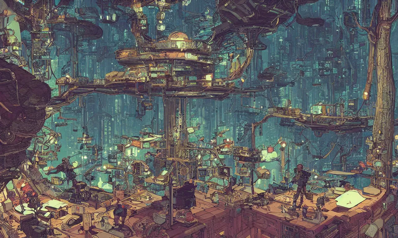 Image similar to Stunning illustration of a cyberpunk explorer playing video games in his treehouse, highly detailed, midnight, by Victo Ngai and James Gilleard , Moebius, Laurie Greasley