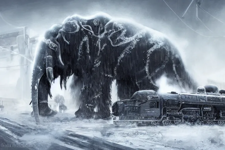 Image similar to a grand intricate futuristic black steam train next to a giant mammoth, post - apocalyptic ice landscape in snowstorm, concept art, artstation, highly detailed, digital art