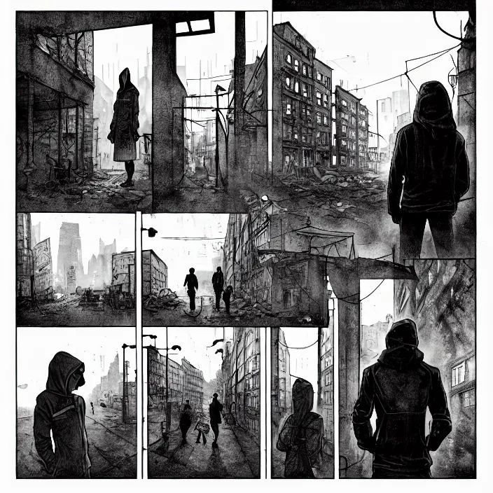 Image similar to storyboard panel : sadie sink in hoodie sits on bench in ruined square, pedestrians walk by, steampunk tenement windows in background. scifi cyberpunk. by gabriel hardman. cinematic atmosphere, detailed and intricate, perfect anatomy