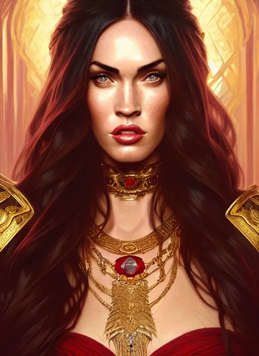 Image similar to portrait of megan fox as a queen, throne, jewelry, greek, ruby, intricate, headshot, highly detailed, digital painting, artstation, concept art, sharp focus, cinematic lighting, illustration, art by artgerm and greg rutkowski, alphonse mucha, cgsociety