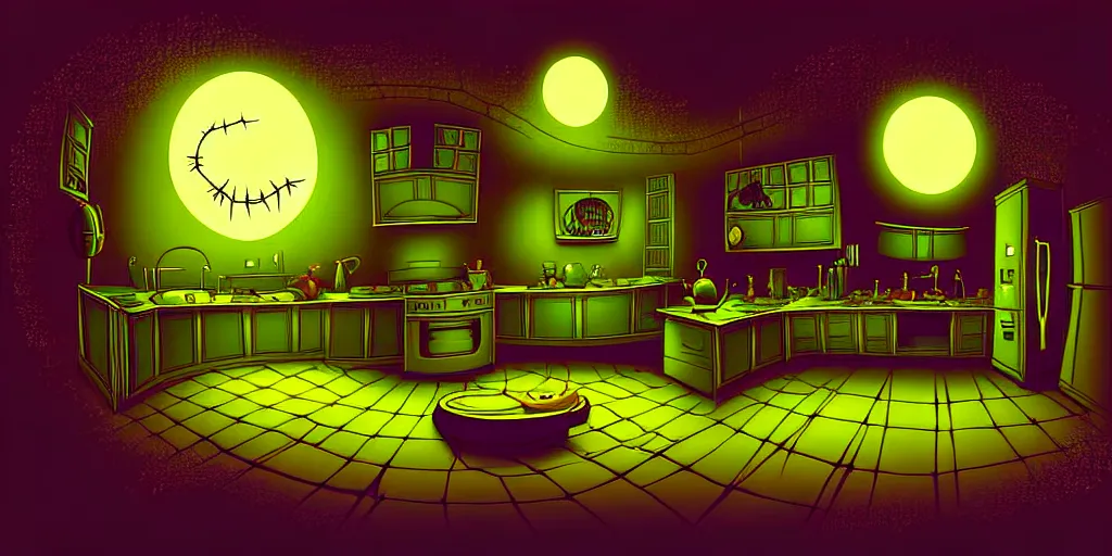 Image similar to curved perspective digital art of a kitchen without windows lights off from tim burtons nightmare before christmas by petros afshar