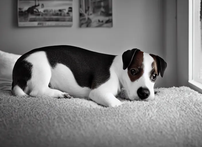 Prompt: photography of a Jack Russel . watching outside the window. on a bed. in a vintage room full of vinyls and posters.,volumetric light, photorealistic,, award winning photo, 100mm, sharp, high res