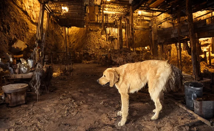 Image similar to a dirty golden retriever in a dimly lit gold mine with large piles of gold nuggets and wearing a black western hat and jacket, dim moody lighting, wooden supports and wall torches and pick axes, cinematic style photograph