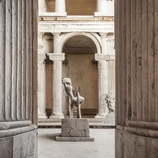 Image similar to greek architecture musem interior, with a sculpture of melting goddess made with concrete, off-white interior, stairs in the background, intricate details, photo realistic, vintage