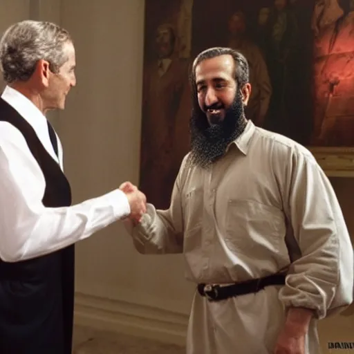 Image similar to george w bush shaking hands with osama bin laden, 8k cinematic lighting, very sharp detail, anatomically correct