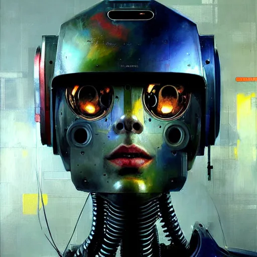 Image similar to a portrait of a robot with high tech armor, high detailed greg rutkowski painting, by adrian ghenie and gerhard richter. art by james gurney. masterpiece, deep colours.