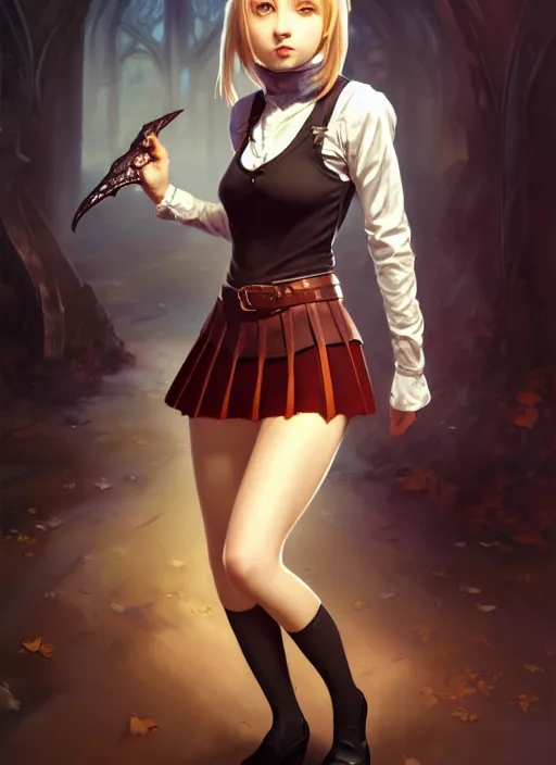 Image similar to portrait of a full body of beautiful young female detective, d & d, sleeveless turtleneck, pleated skirt, fantasy, flat lighting, intricate, highly detailed, digital painting, artstation, concept art, smooth, sharp focus, illustration, misa amane, art by simon bisley and greg rutkowski and alphonse mucha, natural tpose