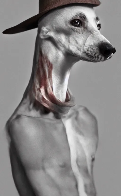 Image similar to human borzoi, human with elongated face and skull, dog man, cute, strange, surreal, hyperrealistic