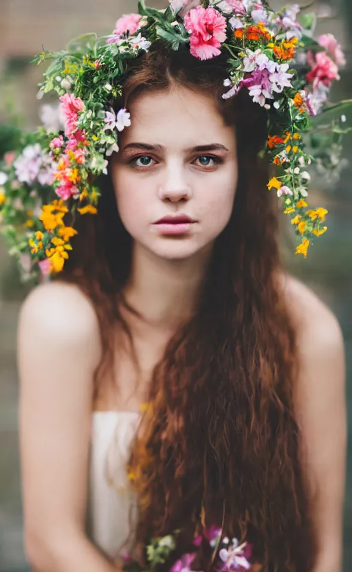 Image similar to portrait of a beautiful young girl with A LOT of flowers in her hair, beautiful composition, modern color palette, 50mm f1.8, ambient light,