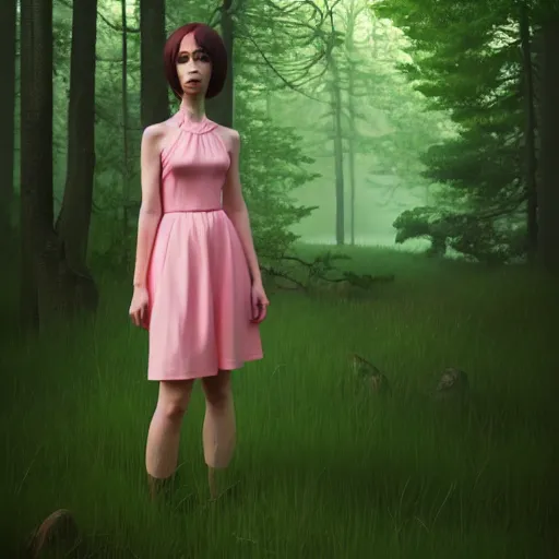 Prompt: a woman in a pink dress standing in a forest, a character portrait by ilya kuvshinov, cg society contest winner, neo - romanticism, ilya kuvshinov, daz 3 d, polycount