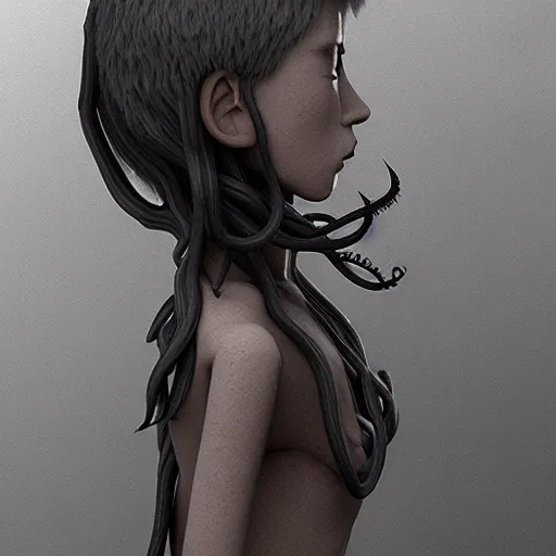 Image similar to eerie asian female elf made of nacre, lovecraftian black smoky tentacles growing, octane rendering