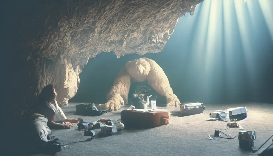 Image similar to 1990s candid 35mm photo of a beautiful day in the living room, cinematic lighting, cinematic look, golden hour, a cave opening reveals a large absurd looking creature from another dimension, UHD