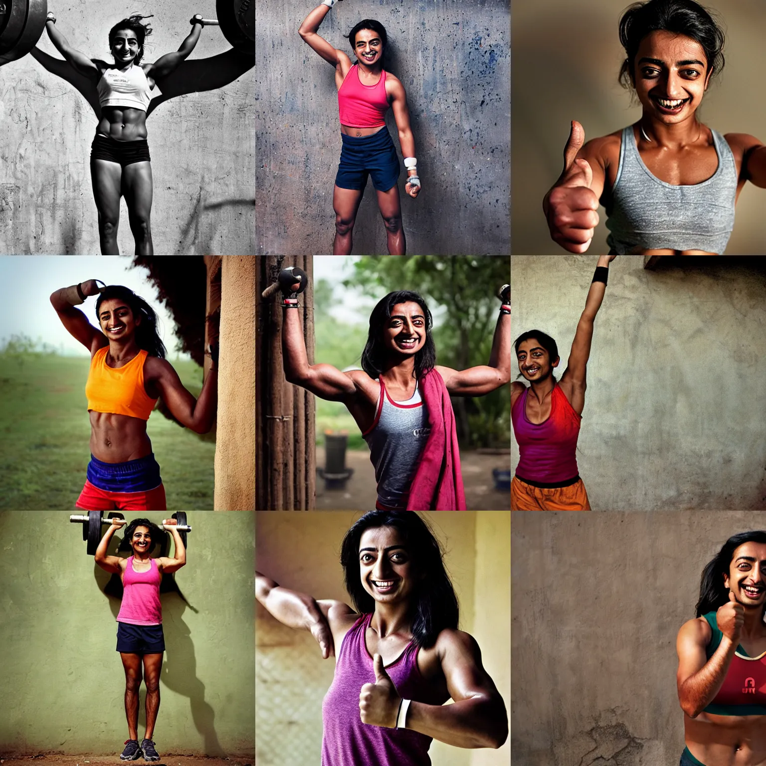 Prompt: Radhika Apte as a strong crossfit athlete, smiling, giving a thumbs up to the camera, photo portrait by Steve McCurry