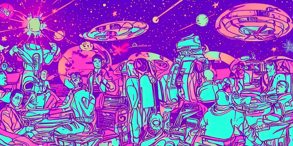 Image similar to twelve astronauts sitting by the river with a big holiday cake + psychedelic vegetation + purple, pink, blue + planets and stars + mystical fog, vintage sci - fi style of the 5 0 s, rule of the third!!!!, line graphics, 8 k, super detail, high quality