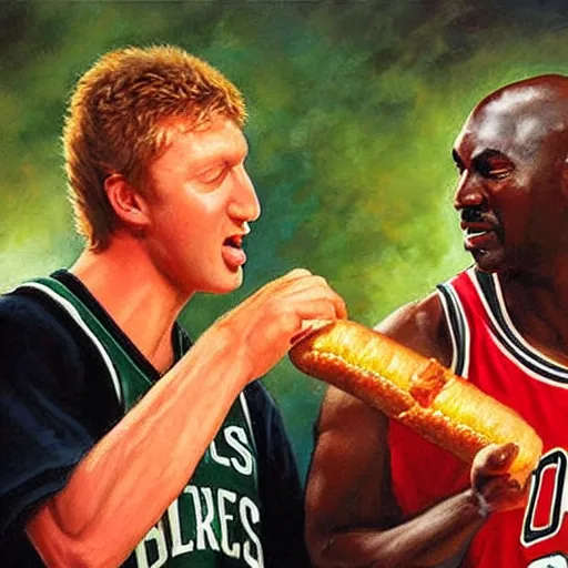 Image similar to portrait of larry bird and michael jordan sharing hotdogs, an oil painting by ross tran and thomas kincade