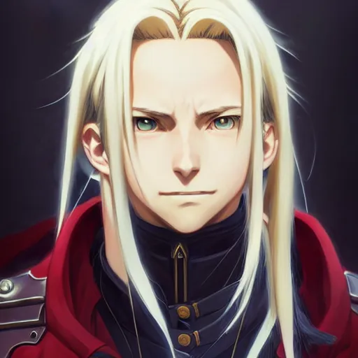 Image similar to Edward Elric from Fullmetal Alchemist, intricate, elegant, highly detailed, digital painting, artstation, concept art, matte, sharp focus, illustration, art by Artgerm and Greg Rutkowski and Alphonse Mucha