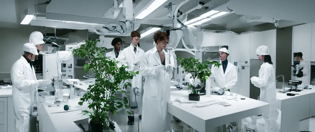 Image similar to movie still 4 k uhd 3 5 mm film color photograph of a clean white futuristic minimal biology lab full of plants