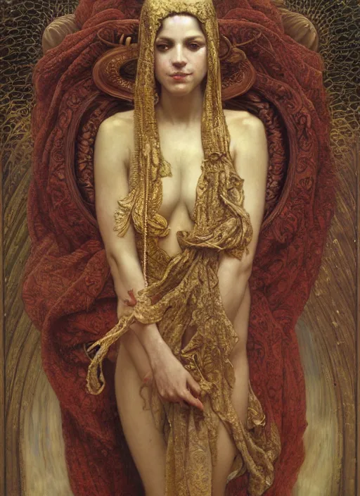 Prompt: hyper realistic painting of the faceless one, gold ornaments, flowing fabric, intrincate detail, by wayne barlowe, gustav moreau, goward, gaston bussiere and roberto ferri, santiago caruso, and austin osman spare, ( ( ( ( occult art ) ) ) ) bouguereau, alphonse mucha, saturno butto