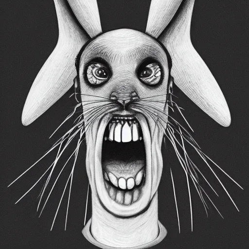 Image similar to A extremely highly detailed majestic hi-res beautiful, highly detailed head and shoulders portrait of a scary terrifying, horrifying, creepy black cartoon rabbit with scary big eyes, earing a shirt laughing, let's be friends, in the style of Walt Disney