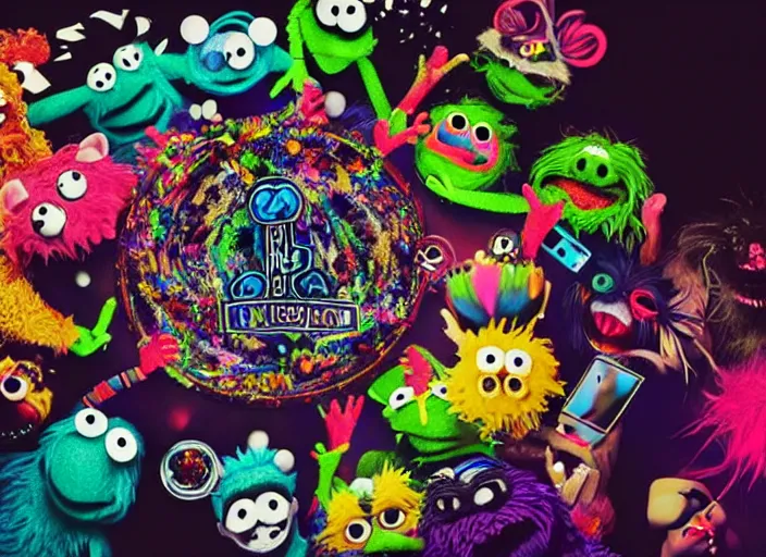 Image similar to 8k hyper realistic detailed image, swirl, unholy Cookie Monster rites in a coven of Muppets, Black Frank the goat and neon pentagram in the center of a table, rich deep colors, neon colors, caustic light, iridescent light, cinematic shot by Alfonso Cuaron, part by Gaspar Noe, part by Stanley Kubrick, ultra detailed