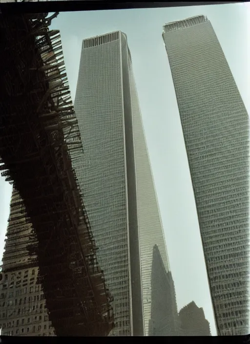 Prompt: 1 9 9 0 s polaroid of the twin towers wtc, as plane flies overhead