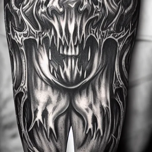 Prompt: diablo lord of terror, engulfed in flames, full body shot, detailed greyscale tattoo by Dmitriy Tkach