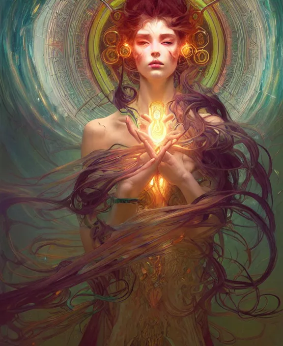 Image similar to a whirlwind of souls ushing inside the metaverse, half body, glowin eyes, d d, fantasy, intricate, elegant, highly detailed, colorful, vivid color, digital painting, artstation, concept art, art by artgerm and greg rutkowski and alphonse mucha and ruan jia