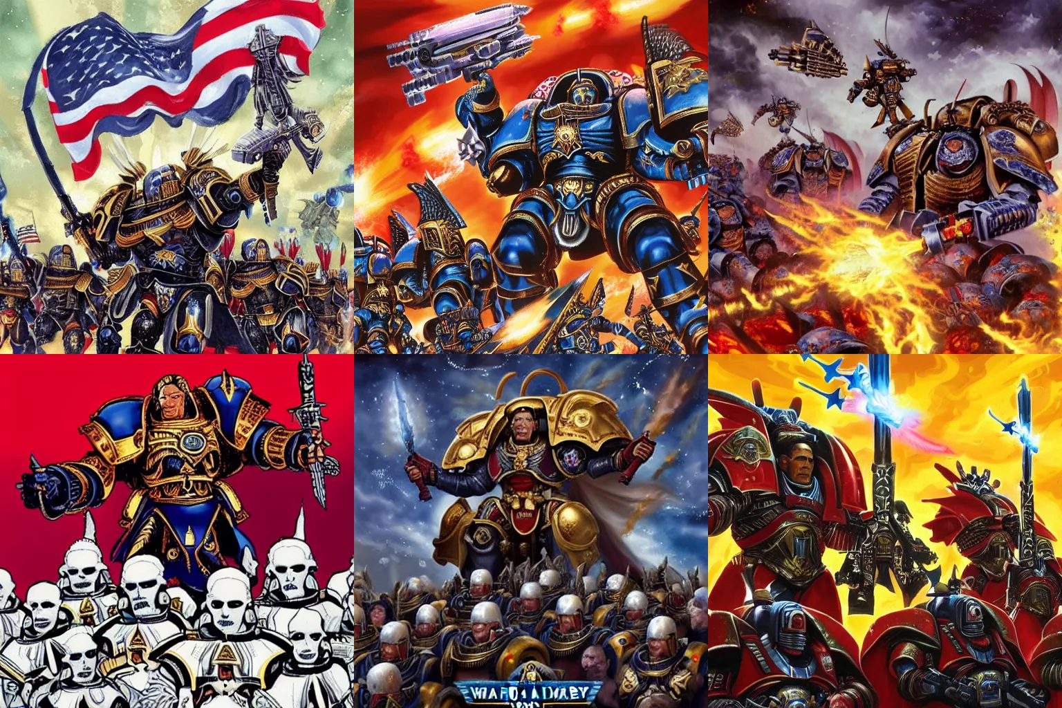 Prompt: Illustration of Obama as the God-Emperor of Mankind, leading his army of Astartes Space Marines into glorious battle. Warhammer 40k.