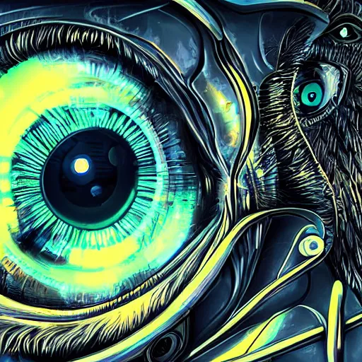 Image similar to cybernetic owl eye, futuristic, cyberpunk, digital illustration, photo - realistic, macro, extremely detailed, vivid, neon, dramatic lighting, intricate details
