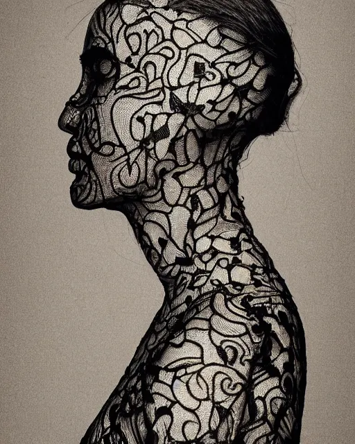 Image similar to a woman's face in profile, made of intricate decorative lace skeleton, in the style of the dutch masters and gregory crewdson, dark and moody