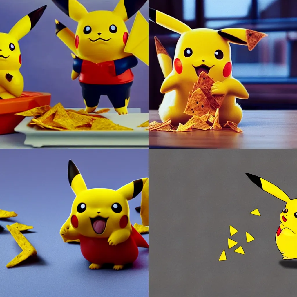 Prompt: pikachu eating doritos made of glass