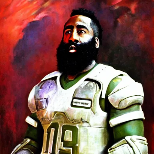 Image similar to ultra realistic portrait painting of james harden as master chief, art by frank frazetta, 4 k, ultra realistic, highly detailed, epic lighting