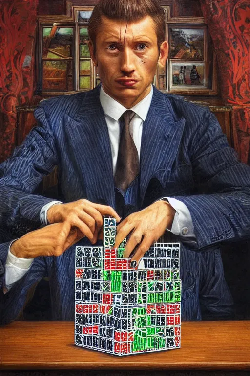 Prompt: a hyper - realistic hyper - detailed fine painting of a man wearing a suit and with a rubik's cube head, ultra - realistic detailed surrealism, magical realism