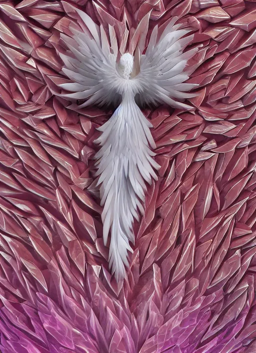 Image similar to white phoenix orange pink salt crystals sharp detail 3d render simple background sharp contrast feathers graphic design fai khadra gaika style