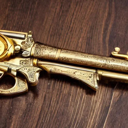 Image similar to golden revolver with engravings laying on a wooden table, high detail, complex