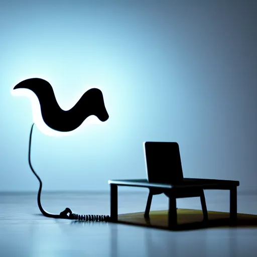 Image similar to glowing ghost flying out of a telephone dial on a table in a dark office, highly detailed