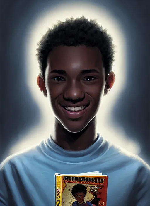 Image similar to portrait of teenage chuck clayton, black teenage boy, short curly hair, short hair square jaw, slight excited smile, reading a comic book, intricate, elegant, glowing lights, highly detailed, digital painting, artstation, concept art, smooth, sharp focus, illustration, art by wlop, mars ravelo and greg rutkowski