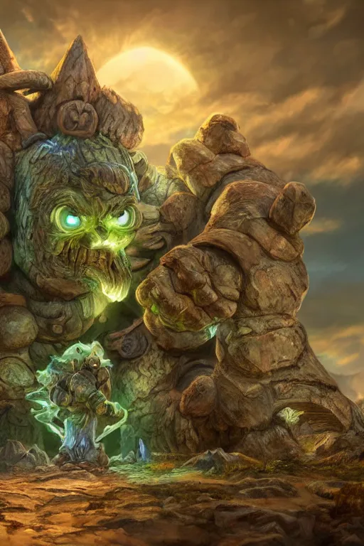 Image similar to zelda fantasy art giant golem troll wood rock greeble gemstone, global illumination ray tracing hdr fanart arstation by sung choi and eric pfeiffer and gabriel garza and casper konefal