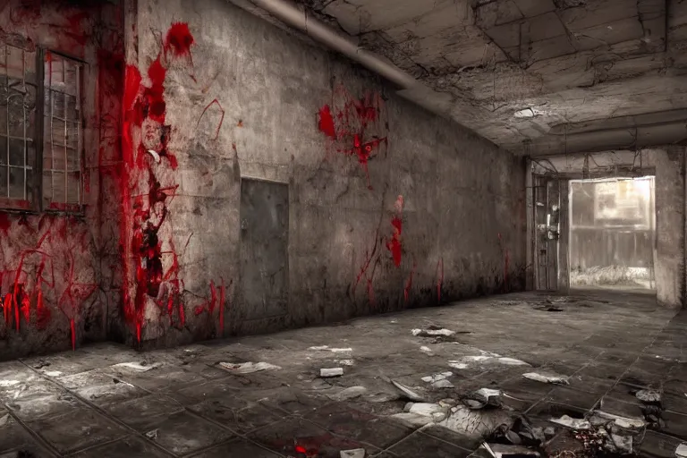 Prompt: Manhunt 3 asylum level concept art, 4k, photorealistic, hd, decrepit walls, falling tiles, graffiti, gritty, splash of dark red near an unconscious person