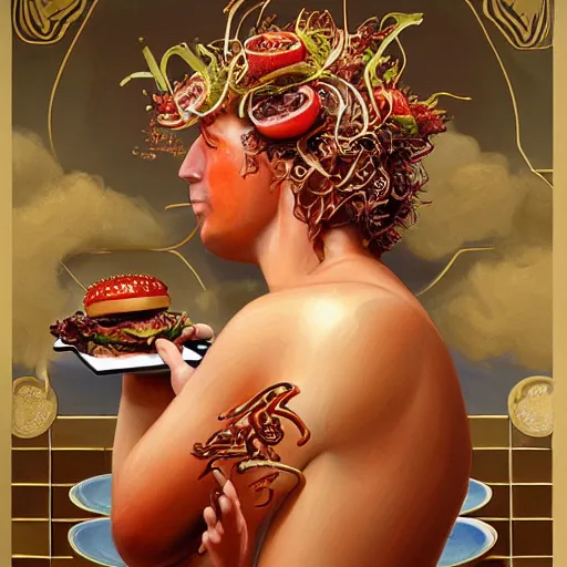 Prompt: detailed full body concept art illustration oil painting of Alexander the Great consuming hamburgers, extra ketchup, bacon lettuce and tomatos, oriental art nouveau, frock, mid body, radiant halo of light, black gold smoke ink, greek god covered in sliced tomatos and onions, peter mohrbacher, artgerm