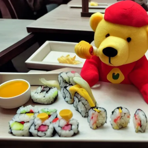 Image similar to Yellow teddy bear wearing red shirt eating sushi at a restaurant, realistic, highly detailed