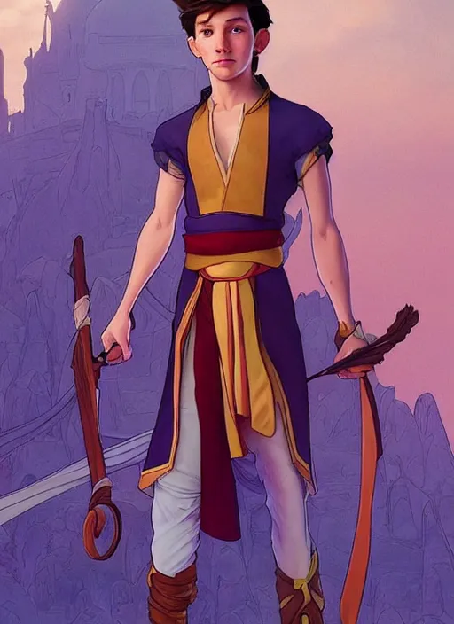 Image similar to skinny young tom holland as prince ali ababwa, cinematic lighting, path traced, highly detailed, high quality, beautiful digital painting, by don bluth and ross tran and studio ghibli and alphonse mucha, artgerm